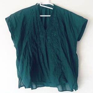 Uniqlo S Green Cotton Embroidery Short-Sleeve Blouse